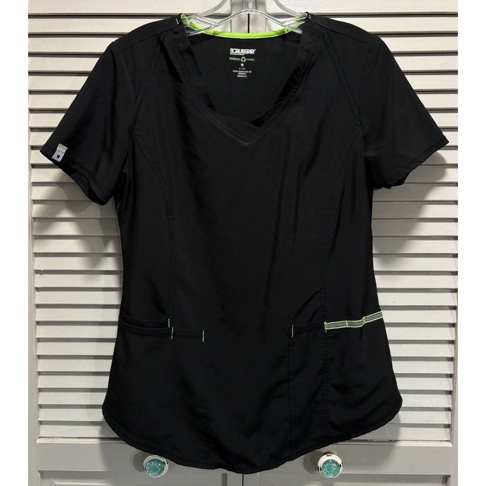 Scrubstar Scrub Top Size Small V Neck Pockets Black/Neon Green Medical Nurse